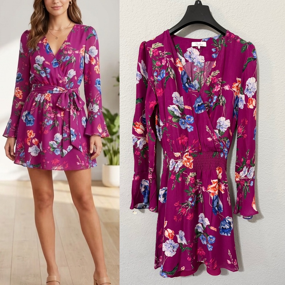 Parker Floral Silk Blend Size XS Mini Dress Smocked Magenta Purple Romantic